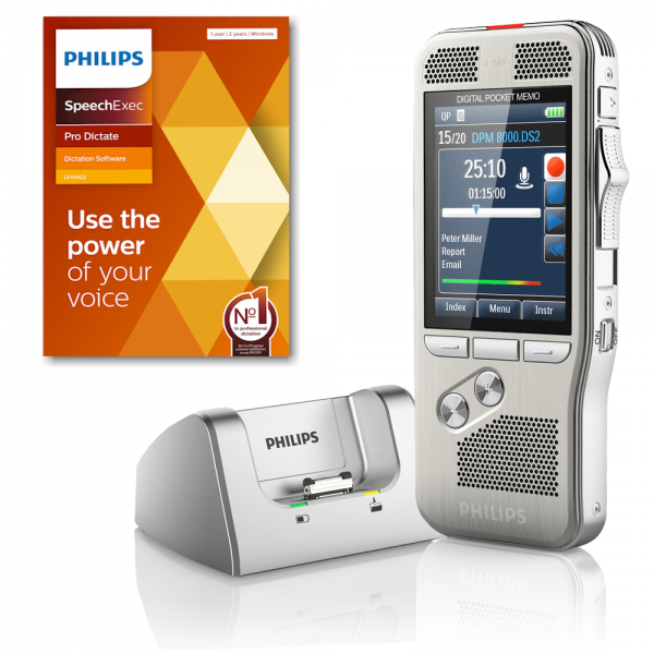 Philips PocketMemo DPM8200 memorecorder dicteerappaaraat met dockingstation en SpeechExec Pro Dictate 11 software