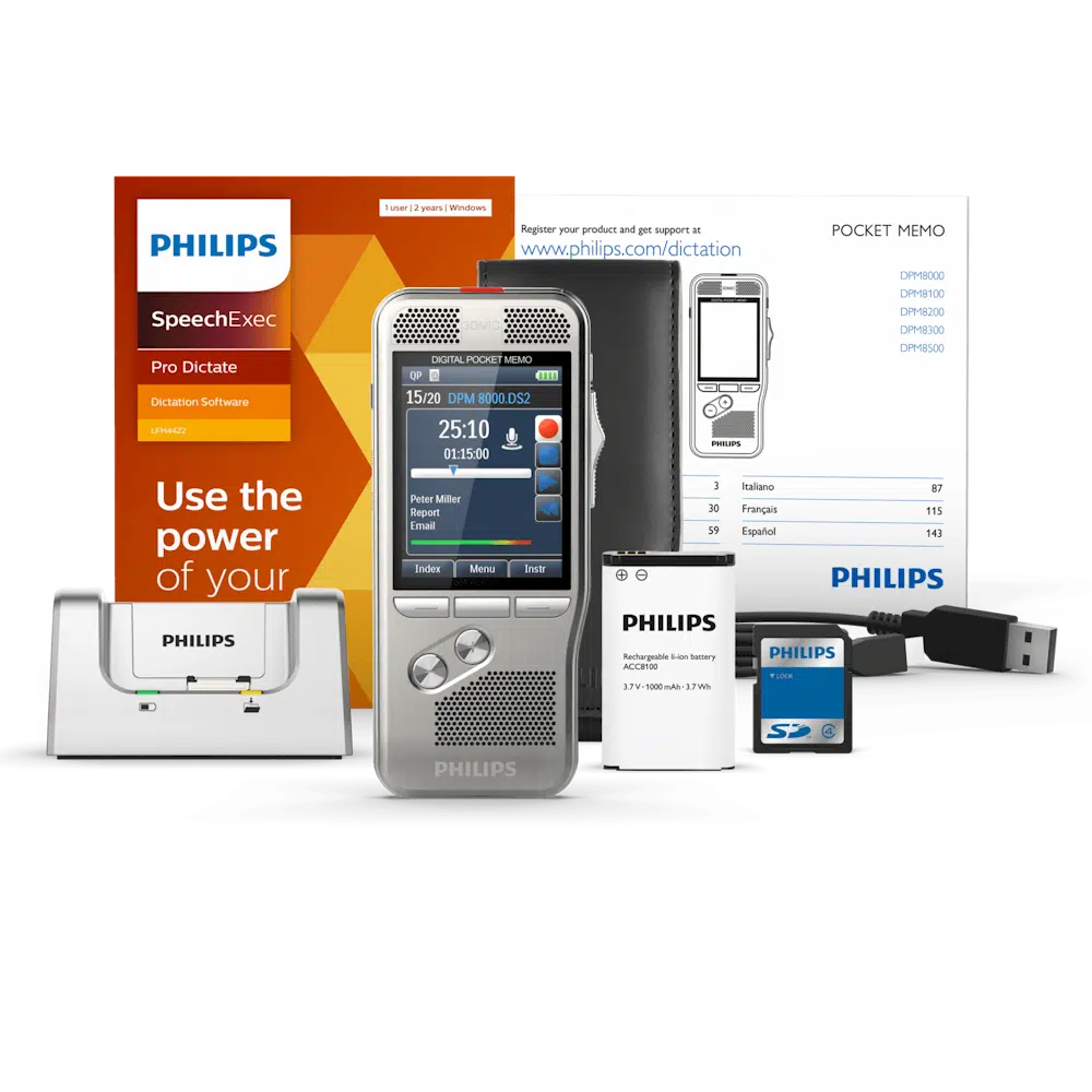 Philips DPM8200 PocketMemo dicteerapparaat met SpeechExec Pro Dictate versie 11 met accessoires bij AVT Benelux