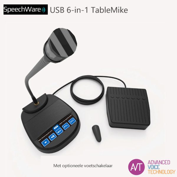 SpeechWare 6-in-1 tafelmicrofoon - De perfecte microfoon voor o.a. Dragon spraakherkenning - Met optionele voetschakelaar - Bij AVT Benelux