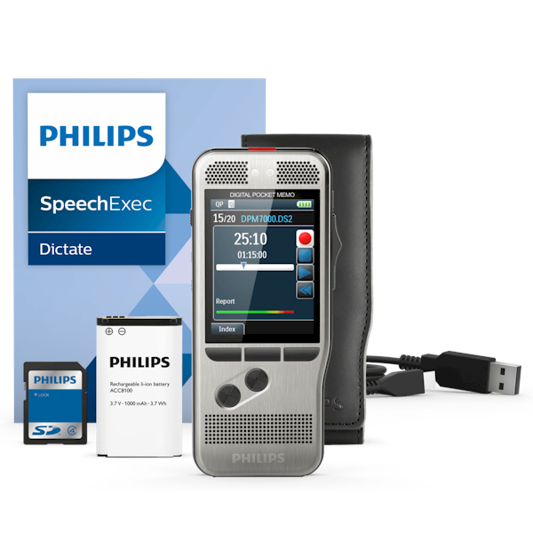 Philips PocketMemo recorder DPM7000/DPM7200 standaard met SpeechExec software, SD-kaart en opbergetui