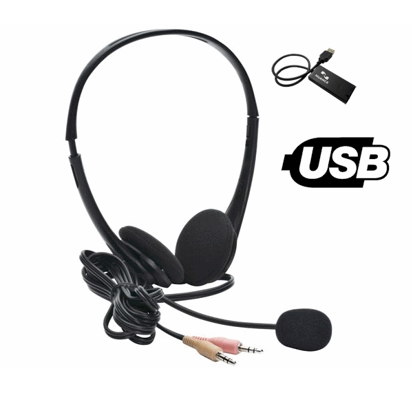 De standaard analoge stereo headsets met USB-adapter voor gebruik met Dragon spraakherkenning
