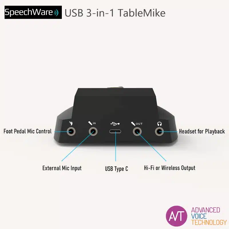 SpeechWare 3-in-1 tafelmicrofoon - De perfecte microfoon voor o.a. Dragon spraakherkenning - met diverse externe aansluitingen - Bij AVT Benelux