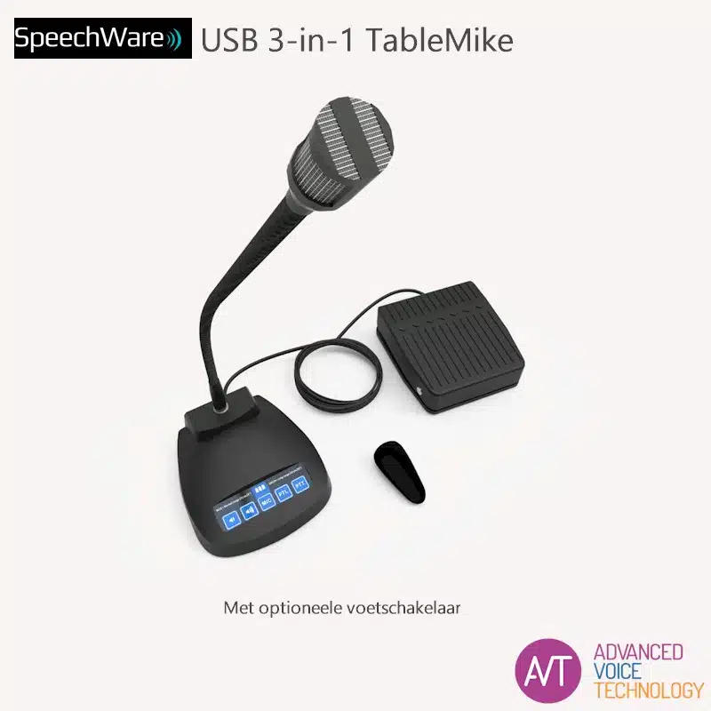 SpeechWare 3-in-1 tafelmicrofoon - De perfecte microfoon voor o.a. Dragon spraakherkenning - Met optionele voetschakelaar - Bij AVT Benelux