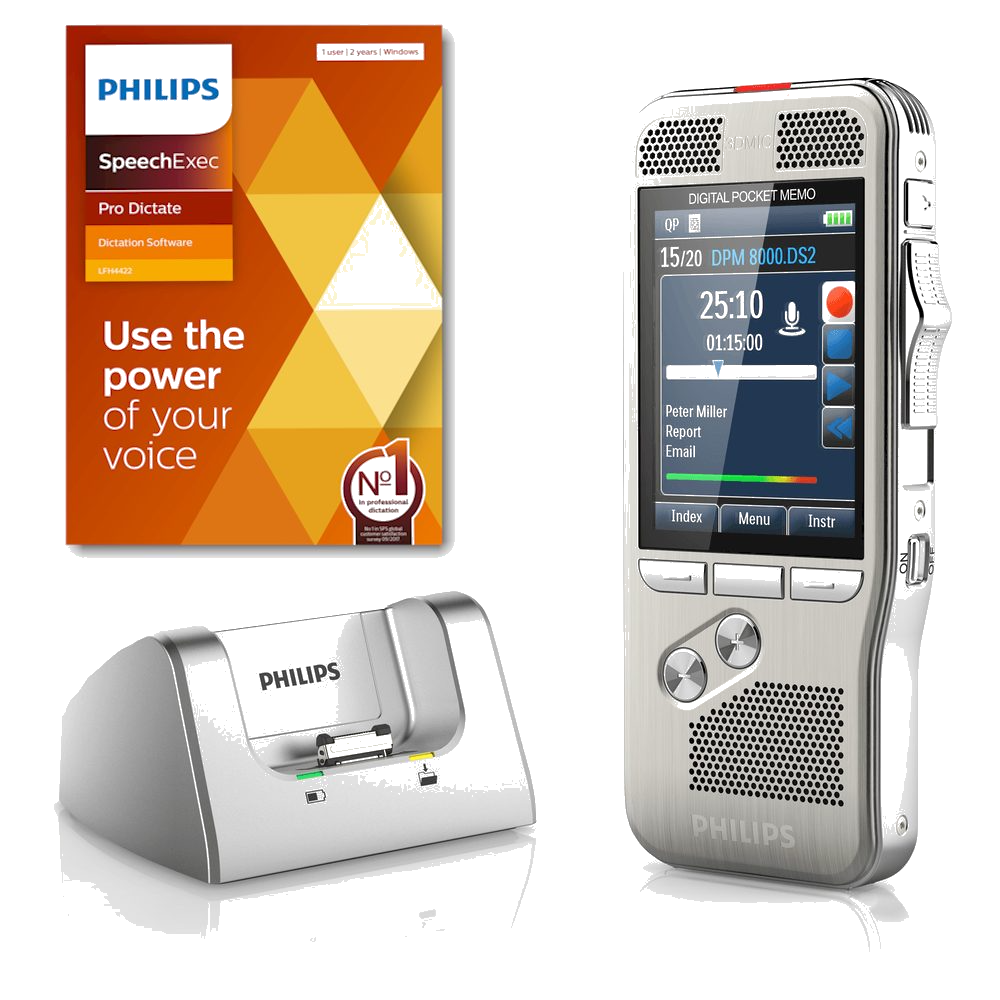 Philips PocketMemo DPM8200 memorecorder dicteerappaaraat met dockingstation en SpeechExec Pro Dictate 11 software