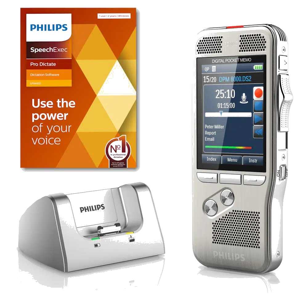 Philips PocketMemo DPM8200 memorecorder dicteerappaaraat met dockingstation en SpeechExec Pro Dictate 11 software