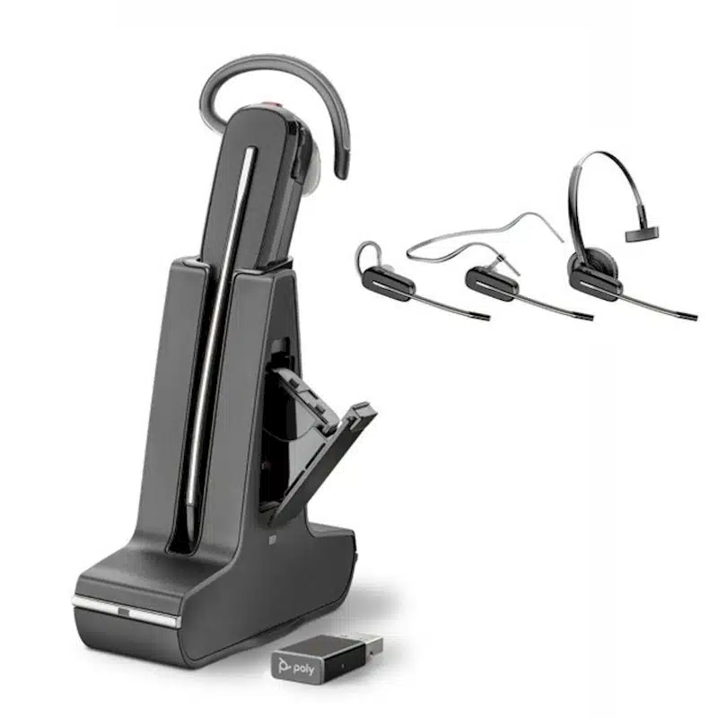 Poly Savi 8245 draadloze Dect headset voor Dragon Spraakherkenning.- met 3 draagmethodes en aparte batterij oplaadmogelijkheid. inclusief reserve batterij