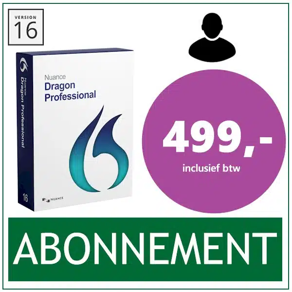 Nuance Dragon Professional 16 Abonnement - De Dragon 16 spraakherkenningssoftware als abonnement. Inclusief upgrades naar nieuwe versies en Cloud opslag van het spraakprofiel - Diverse talen mogelijk
