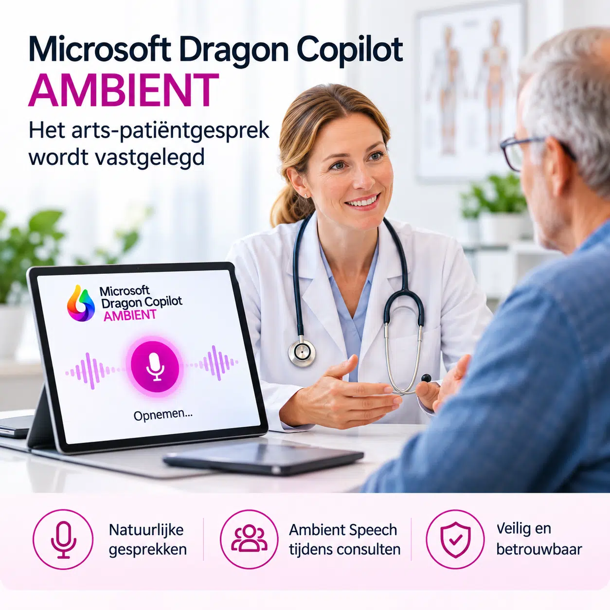Microsoft Dragon Copilot Ambient legt het arts-patiëntgesprek vast tijdens het consult